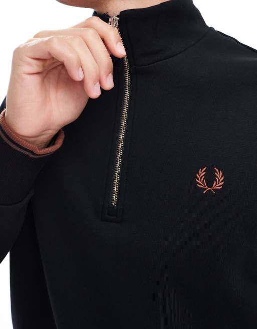 【現行】FRED PERRY Half Zip Sweatshirt Black Embroidered Half Zip - Tennis Blue | Men's Sweatshirts