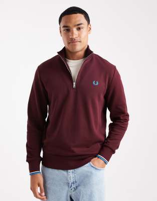 Fred Perry Half Zip Sweatshirt In Burgundy