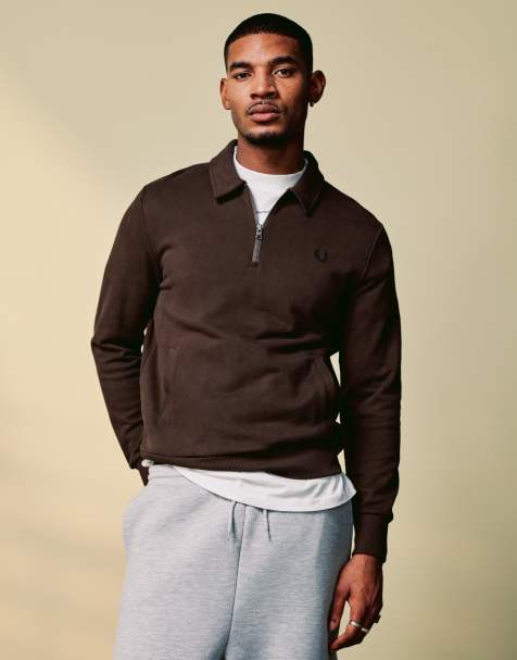 Fred Perry half zip sweatshirt in dark brown with collar detail - view 1