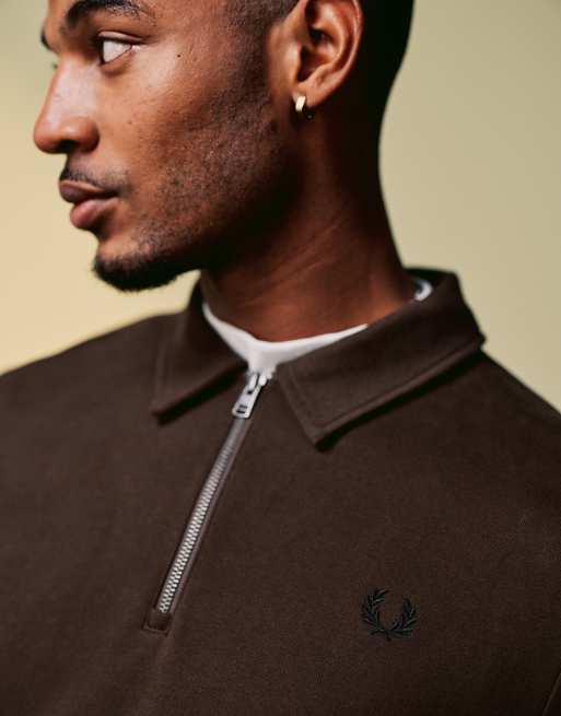 Fred Perry half zip sweatshirt in dark brown with collar detail | ASOS