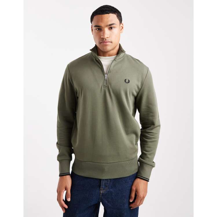 【 D.M.】（Fred Perry）Half Zip Sweatshir Tonal Tape Half Zip Sweatshirt - Black | Men's Sweatshirts