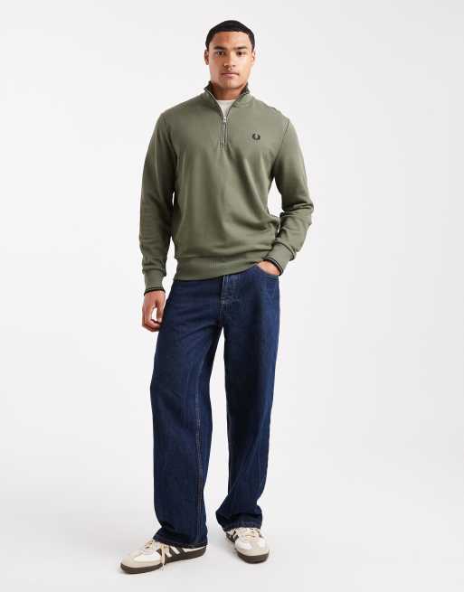 【 D.M.】（Fred Perry）Half Zip Sweatshir Tonal Tape Half Zip Sweatshirt - Black | Men's Sweatshirts