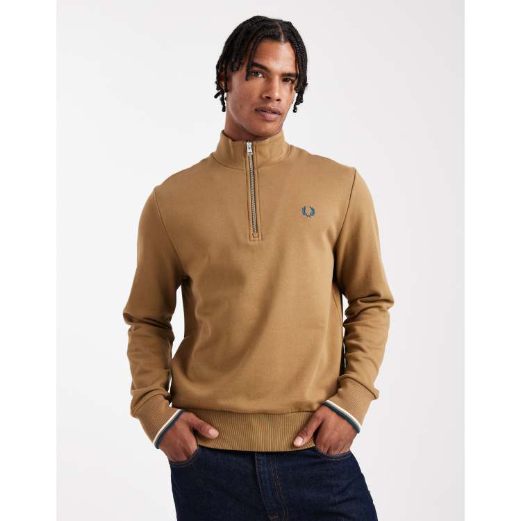 【 D.M.】（Fred Perry）Half Zip Sweatshir Fred Perry half zip sweatshirt in khaki | ASOS