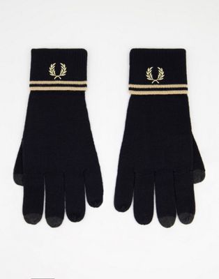 Fred Perry – Handschuhe aus Merinowolle in Schwarz/Gold mit zwei Zierstreifen