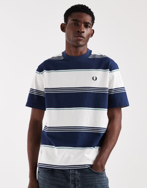 Fred Perry heavyweight striped logo t-shirt in blue and white