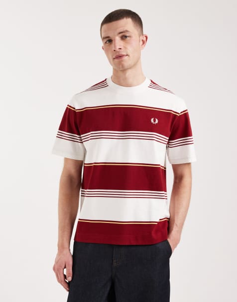 Fred Perry heavyweight striped logo t-shirt in red and white - view 1