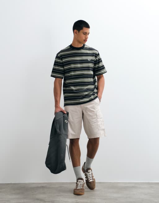 Fred Perry heavyweight striped t-shirt in black and khaki, 2 of 5
