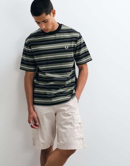 Fred Perry heavyweight striped t-shirt in black and khaki, 3 of 5