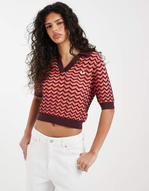 Fred Perry – Hemd aus Pointelle-Strick in Rot mit Kontrastdetails, 3 von 4