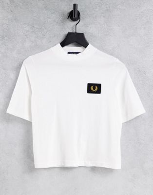 Fred Perry high neck t-shirt with branded badge in white