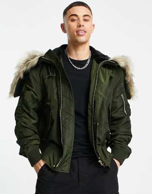 faux fur trim hooded bomber jacket