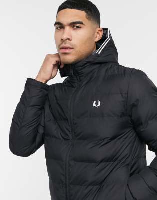 fred perry hooded puffer jacket in black