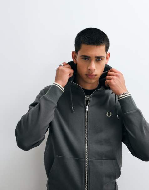 Fred Perry hooded zip through sweatshirt in khaki - view 1