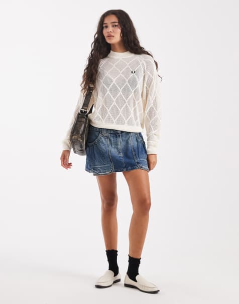 Fred Perry - Hvid striktrøje i mesh med argyle-mønster - view 1