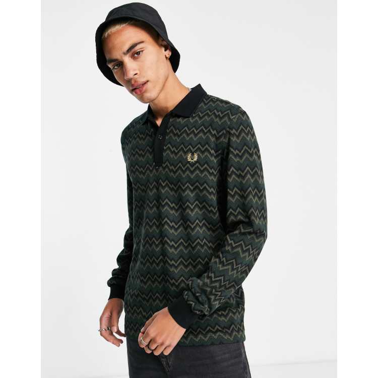 Fred Perry jacquard stripe long sleeve polo shirt in green | ASOS