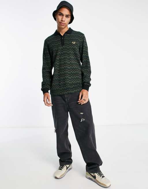 Fred Perry jacquard stripe long sleeve polo shirt in green