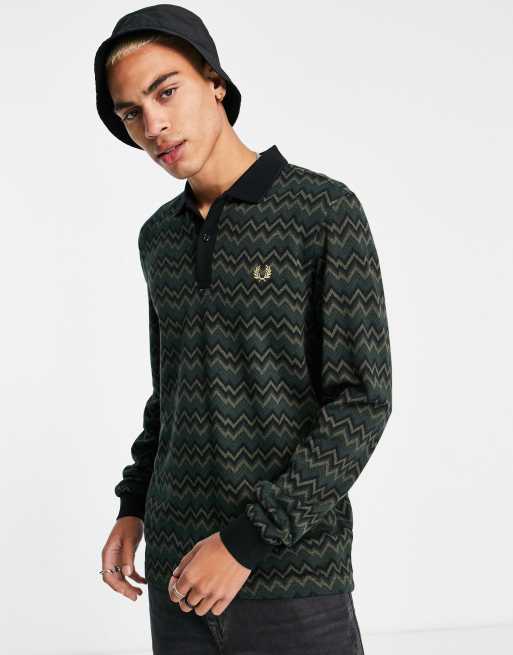 Fred Perry jacquard stripe long sleeve polo shirt in green