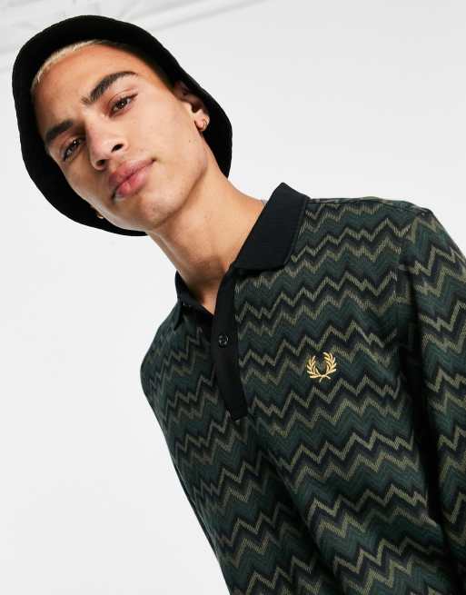 Fred Perry jacquard stripe long sleeve polo shirt in green