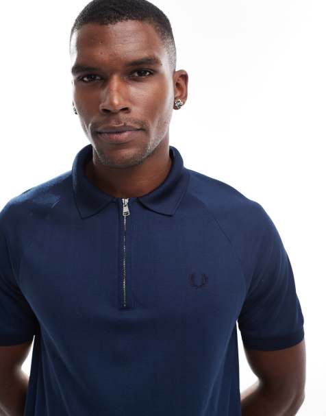 Fred Perry jacquard zip sporty polo shirt in blue