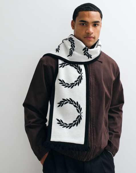 Fred Perry jacquardstrikket scarf med laurbærkrans-logo i hvid/sort - view 1