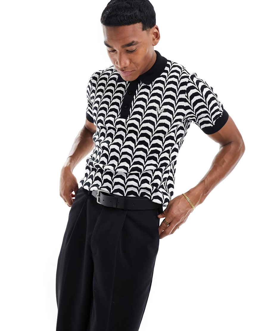 Fred Perry jaquard knit polo shirt in black