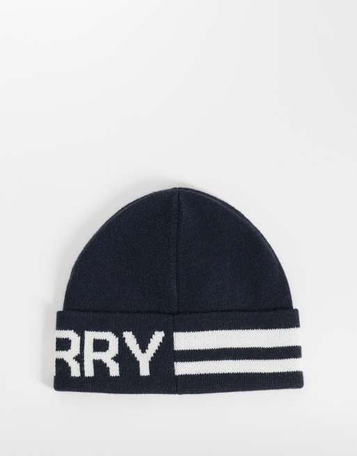 Fred Perry jaquard text beanie in navy, 3 of 3
