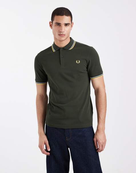 Fred Perry - Kakigrøn poloskjorte med dobbelt kantstribe og logo - view 1