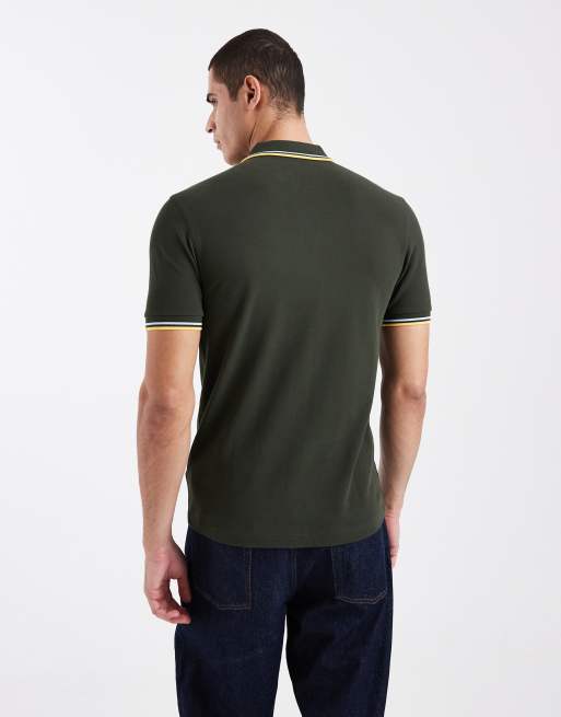 Fred Perry - Kakigrøn poloskjorte med dobbelt kantstribe og logo, 3 af 5