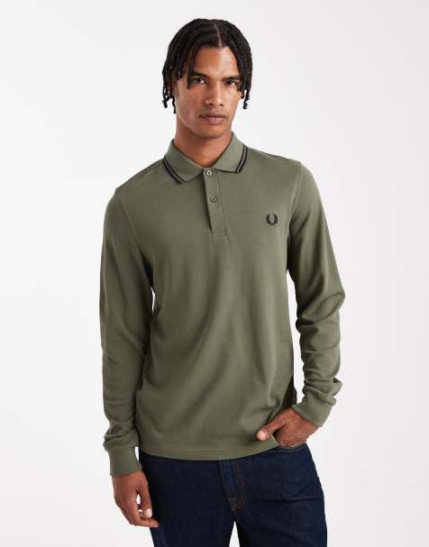 Fred Perry - Khakigrøn langærmet poloskjorte med kantstriber - view 1