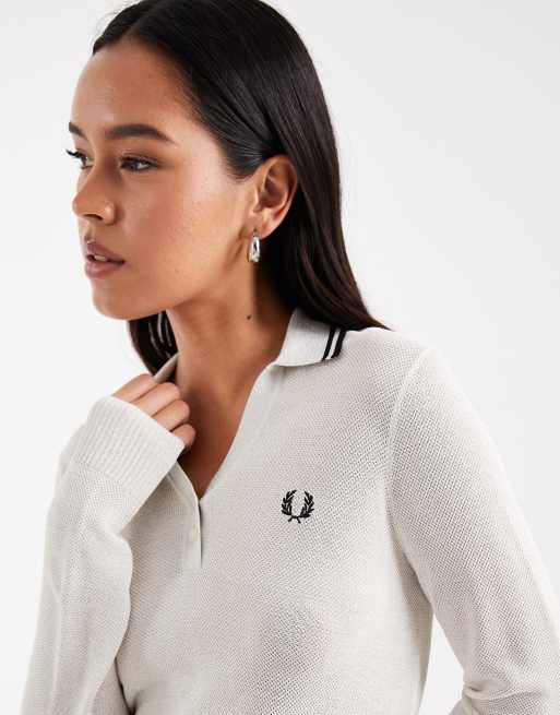 Fred Perry knit long sleeve polo shirt in cream | ASOS