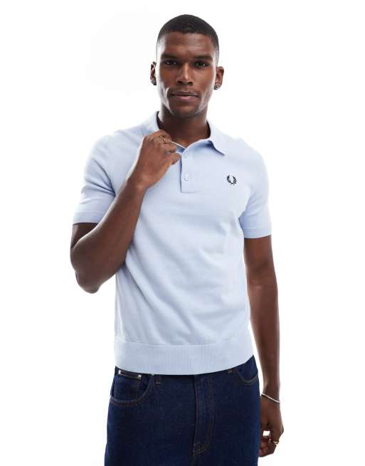 FRED PERRY Knitted Polo (そそ) Fred Perry knit polo shirt in light blue | ASOS