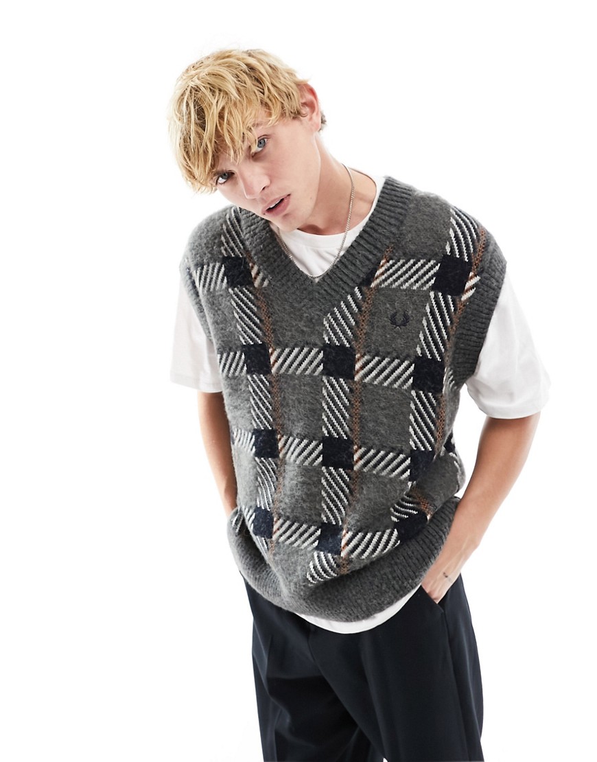 Fred Perry knitted check vest in grey