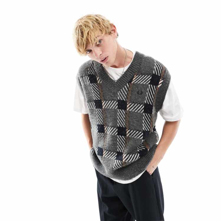 Fred Perry knitted check vest in grey | ASOS