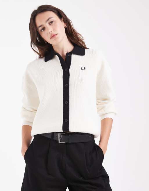 Fred Perry knitted contrast collar logo cardigan in ecru, 2 of 4
