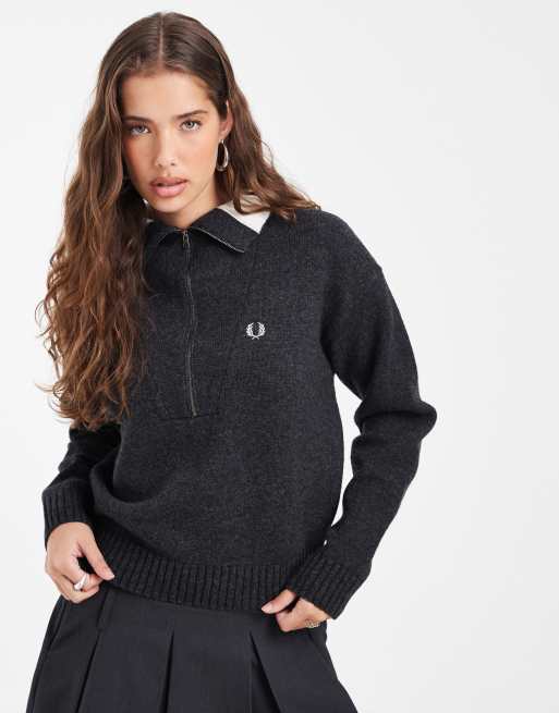 Fred Perry knitted contrast half zip jumper in charcoal marl, 3 of 4