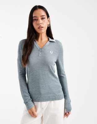 Fred Perry Knitted Longsleeve Polo Shirt In Blue