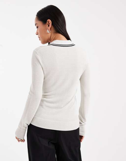 Fred Perry knitted longsleeve polo shirt in cream, 3 of 4