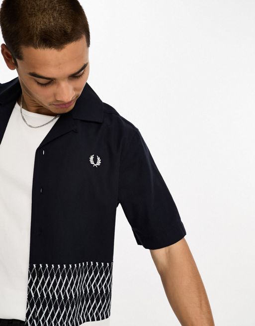Fred Perry knitted panel revere collar shirt in navy | ASOS
