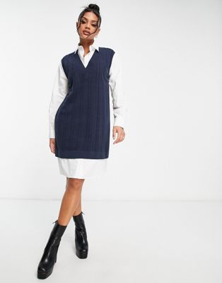 Fred Perry knitted panel shirt dress in white and navy