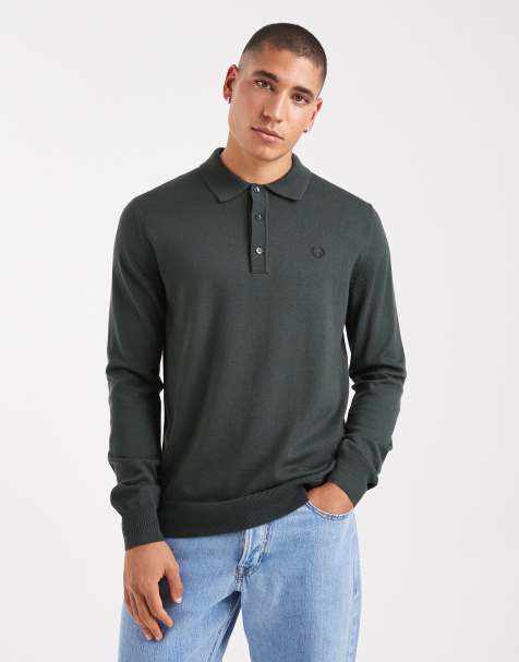Fred Perry knitted polo jumper in khaki - view 1