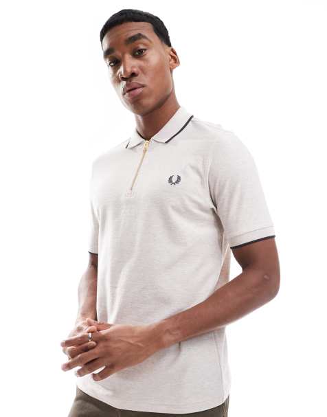 Fred Perry polo shirt in off white crepe pique with zip