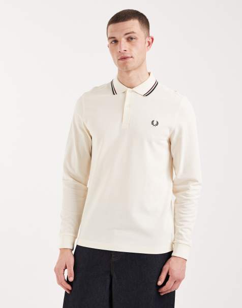 Fred Perry – Kremowa koszulka polo z długimi rękawami, dwukolorowym kontrastowym wykończeniem i logo - view 1