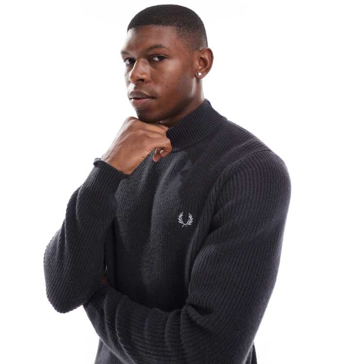 FRED PERRY ✴︎ Mock Neck Padded Fred Perry lambs wool knit mock neck sweater in gray | ASOS