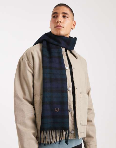 Fred Perry lambswool scarf in navy tartan - view 1