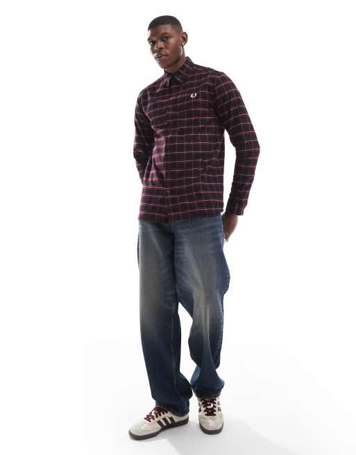 Fred Perry – Langärmliges Oxford-Hemd in Dunkelrot mit Schottenkaro, 3 von 4