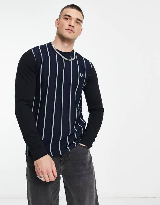 Fred Perry – Langärmliges Pikee-Oberteil in gestreiftem Marineblau