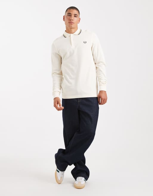 Fred Perry – Langärmliges Polohemd in Ecru mit Zierstreifen in Marineblau, 2 von 5