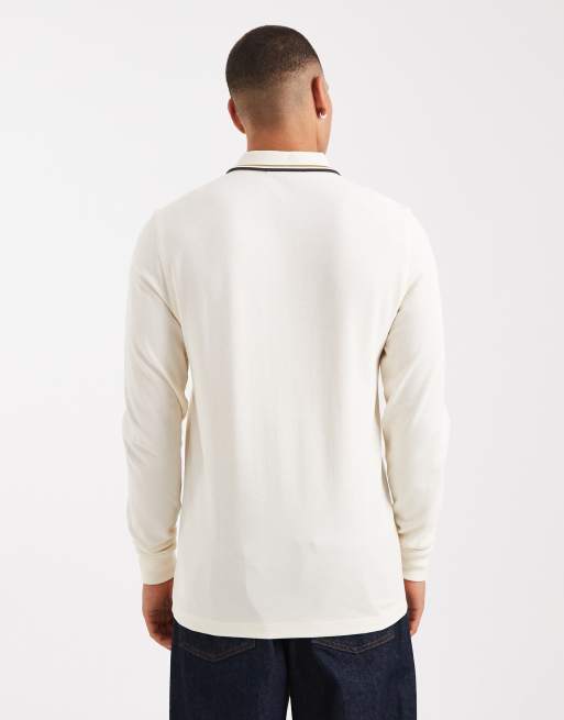 Fred Perry – Langärmliges Polohemd in Ecru mit Zierstreifen in Marineblau, 3 von 5