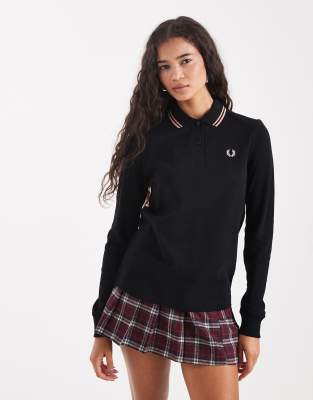 Fred Perry - Langärmliges Polohemd in Schwarz mit Zierstreifen