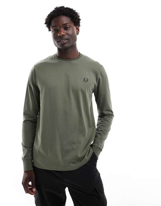 Fred Perry – Langärmliges T-Shirt in Khakigrün mit zwei Zierstreifen